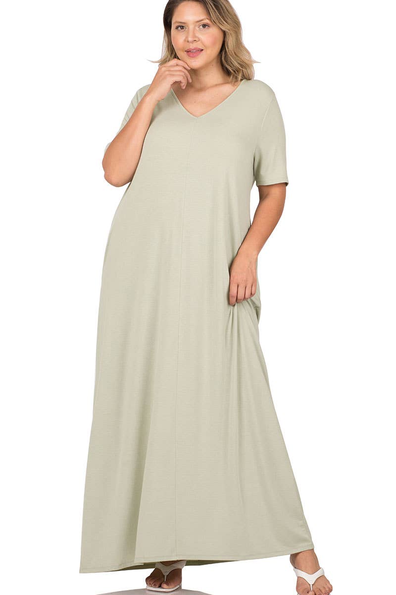 Plus V Neck Short Sleeve Maxi Dress With Side Pocket