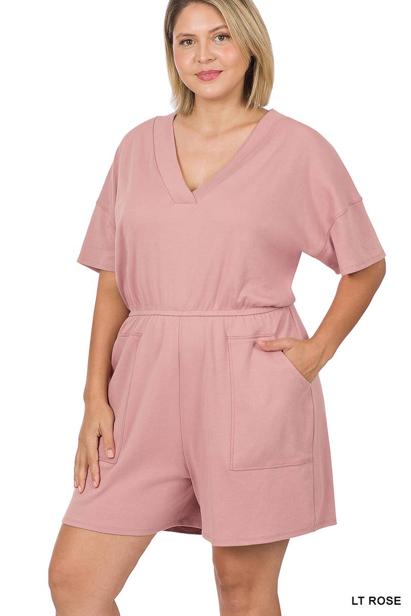 Plus Drop Shoulder V Neck Romper With Pockets