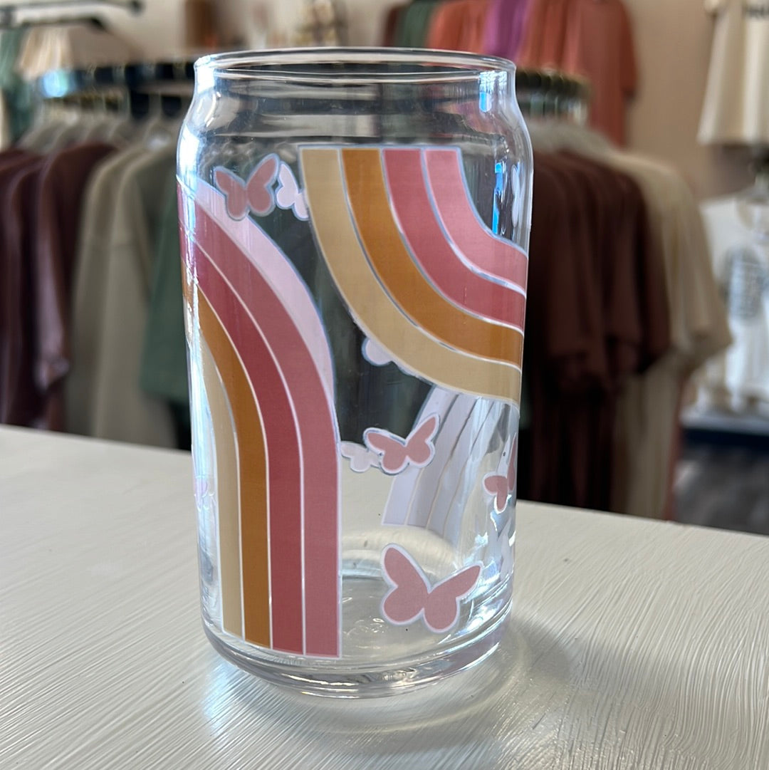 Boho Rainbow and Butterfly Glass Can