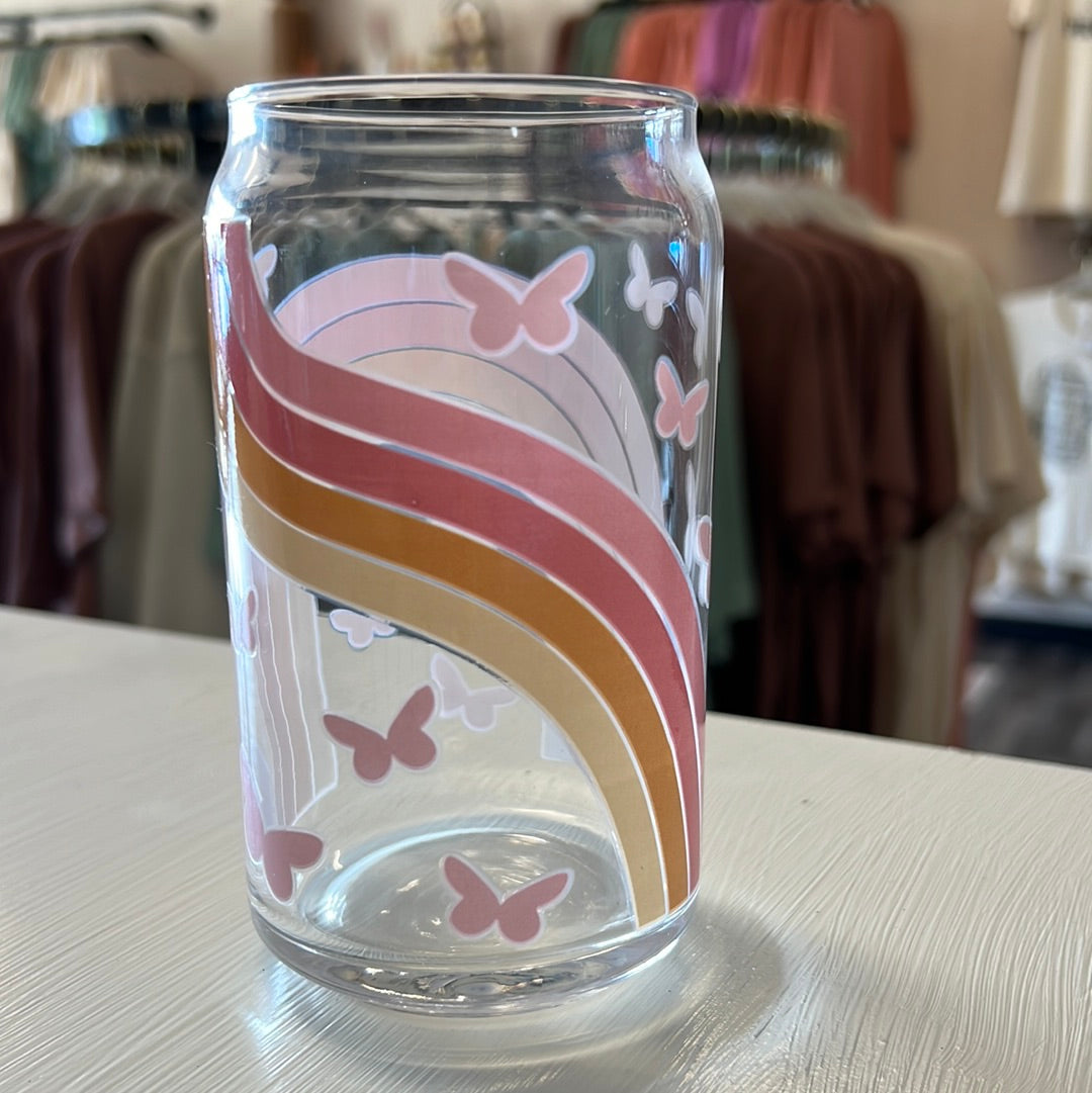 Boho Rainbow and Butterfly Glass Can