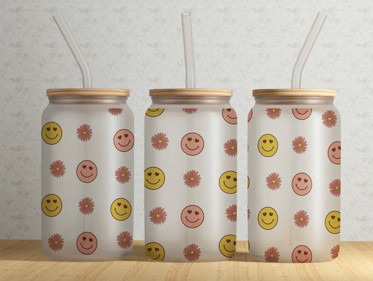 Retro Smiley Face and Floral 16oz Libby Glass Tumbler